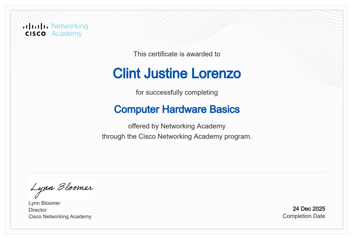 Computer Hardware Basics certificate from Cisco